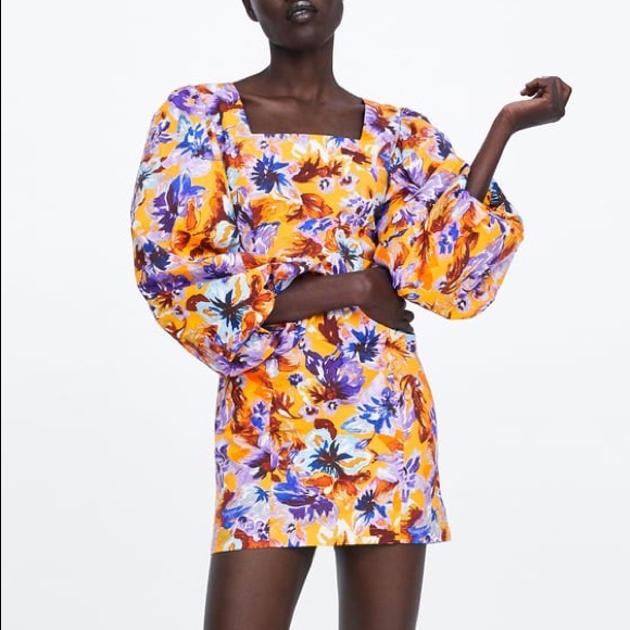 Zara Floral Balloon Sleeve Dress 34 